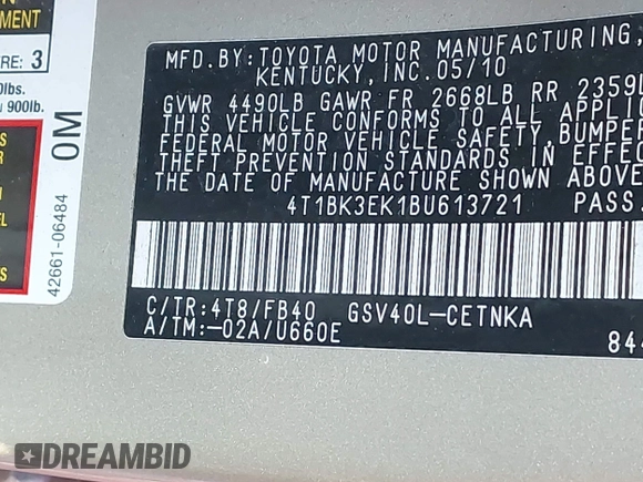 2011 Toyota Camry LE with VIN 4T1BK3EK1BU613721, listed as a IAAI auction lot 41931082 with 167,106 mi miles. Bid and sale history available at carsss.com. Image 9.