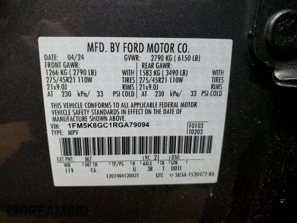 2024 Ford Explorer ST with VIN 1FM5K8GC1RGA79094, listed as a Copart auction lot 42359005 with 11,740 mi miles and Salvage Title. Bid and sale history available at carsss.com. Image 13.