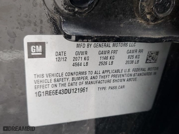 2013 Chevrolet Volt with VIN 1G1RE6E43DU121961, listed as a Copart auction lot 52788625 with 201,505 mi miles and Salvage Title. Bid and sale history available at carsss.com. Image 12.