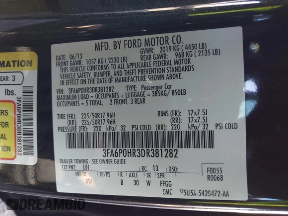 2013 Ford Fusion SE with VIN 3FA6P0HR3DR381282, listed as a IAAI auction lot 41723208 with 143,973 mi miles and . Bid and sale history available at DreamBid. Image 9.