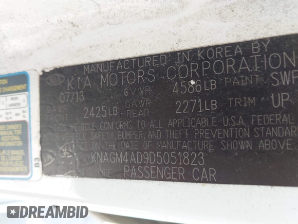 2013 Kia Optima EX with VIN KNAGM4AD9D5051823, listed as a IAAI auction lot 42312465 with 151,127 mi miles and . Bid and sale history available at DreamBid. Image 9.