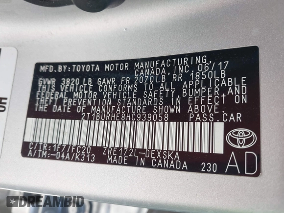 2017 Toyota Corolla L with VIN 2T1BURHE8HC939058, listed as a IAAI auction lot 42530114 with 68,636 mi miles and . Bid and sale history available at DreamBid. Image 9.