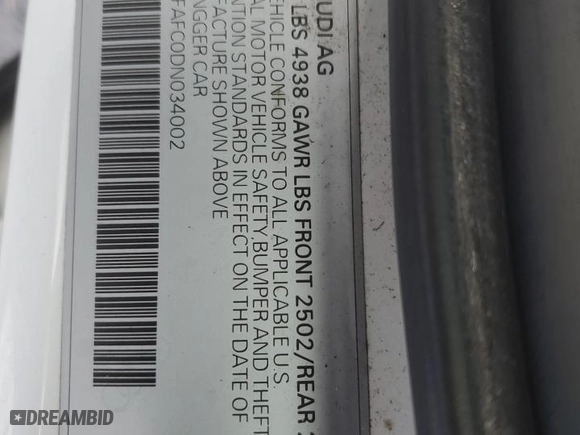 2013 Audi A6 2.0T Premium Plus with VIN WAUDFAFC0DN034002, listed as a Copart auction lot 85905284 with 160495 miles and Salvage Title. Bid and sale history available at carsss.com. Image 13.