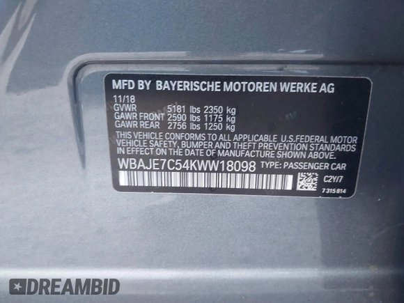 2019 BMW 5 Series 540i xDrive with VIN WBAJE7C54KWW18098, listed as a IAAI auction lot 41412017 with 59,235 mi miles and . Bid and sale history available at carsss.com. Image 9.