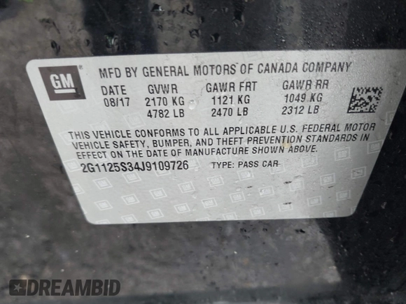 2018 Chevrolet Impala Premier with VIN 2G1125S34J9109726, listed as a IAAI auction lot 41921179 with 51,265 mi miles and . Bid and sale history available at DreamBid. Image 9.