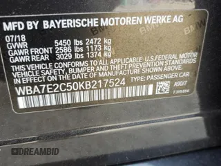 2019 BMW 7 Series 740i with VIN WBA7E2C50KB217524, listed as a Copart auction lot 42840423 with 0 mi miles. Bid and sale history available at carsss.com. Image 12.