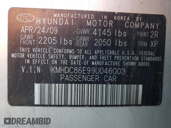 2009 Hyundai Elantra Touring with VIN KMHDC86E99U046003, listed as a Copart auction lot 46362045 with 130,650 mi miles and Non repairable. Bid and sale history available at DreamBid. Image 12.