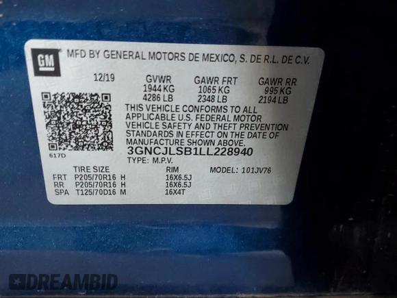 2020 Chevrolet Trax LT with VIN 3GNCJLSB1LL228940, listed as a Copart auction lot 79999454 with 79,159 mi miles and Clean title. Bid and sale history available at DreamBid. Image 12.