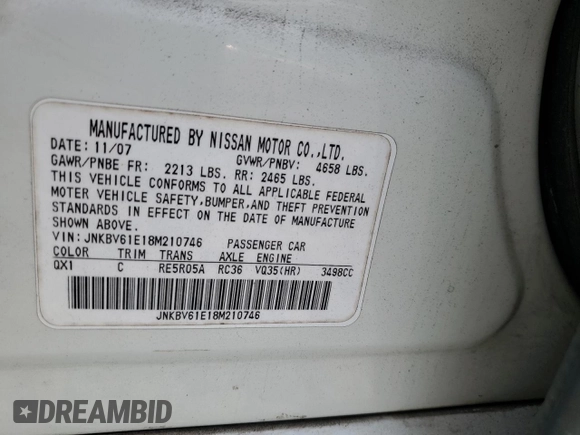 2008 Infiniti G35 Journey with VIN JNKBV61E18M210746, listed as a Copart auction lot 59587985 with 266,221 mi miles and Salvage title. Bid and sale history available at DreamBid. Image 12.