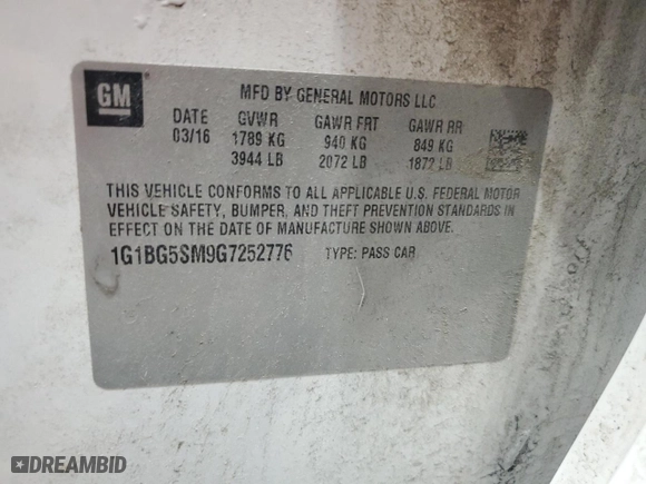 2016 Chevrolet Cruze Premier with VIN 1G1BG5SM9G7252776, listed as a Copart auction lot 44231645 with 86,383 mi miles and Salvage Title. Bid and sale history available at carsss.com. Image 12.