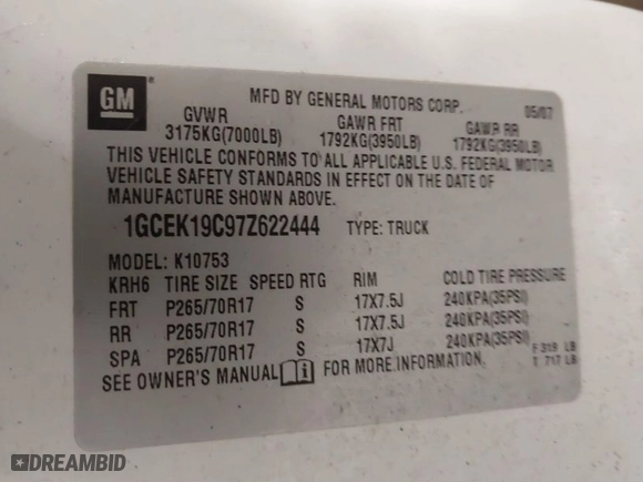 2007 Chevrolet Silverado 1500 LT w/1LT with VIN 1GCEK19C97Z622444, listed as a IAAI auction lot 41468879 with 203,601 mi miles. Bid and sale history available at carsss.com. Image 9.