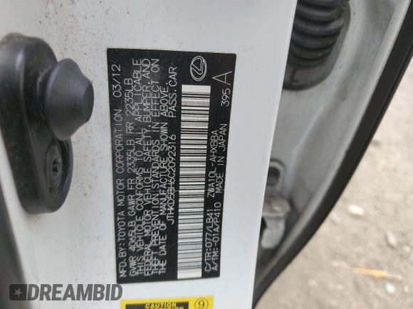 2012 Lexus CT 200h с VIN JTHKD5BH6C2092316, выставлен на аукционе Copart как лот 80528014 с пробегом 196 154 миль миль и Списание • Salvage title. История ставок и продаж доступна на DreamBid. Изображение 12.