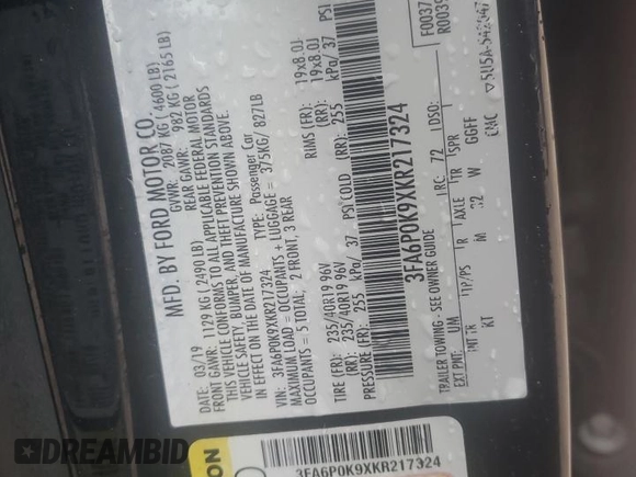 2019 Ford Fusion Titanium with VIN 3FA6P0K9XKR217324, listed as a Copart auction lot 56104185 with 135,728 mi miles and Salvage title. Bid and sale history available at DreamBid. Image 14.