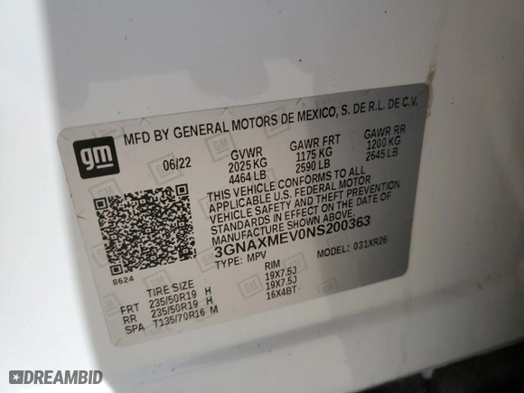 2022 Chevrolet Equinox RS with VIN 3GNAXMEV0NS200363, listed as a Copart auction lot 49167115 with 68,244 mi miles and Salvage Title. Bid and sale history available at carsss.com. Image 13.