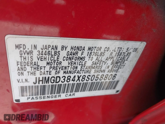 2008 Honda Fit with VIN JHMGD384X8S058806, listed as a IAAI auction lot 42003885 with 216,612 mi miles. Bid and sale history available at carsss.com. Image 9.