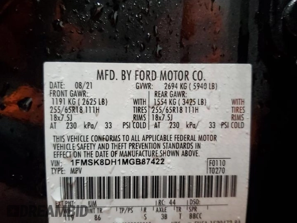 2021 Ford Explorer XLT with VIN 1FMSK8DH1MGB87422, listed as a Copart auction lot 52483205 with 52,479 mi miles and Clean Title. Bid and sale history available at DreamBid. Image 13.