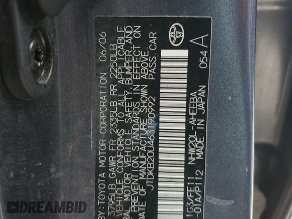 2006 Toyota Prius with VIN JTDKB20U463190992, listed as a Copart auction lot 54944395 with 272,878 mi miles and Salvage Title. Bid and sale history available at DreamBid. Image 12.
