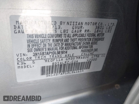 2013 Nissan Sentra FE+ S with VIN 3N1AB7AP1DL561614, listed as a IAAI auction lot 41641039 with 120,119 mi miles and . Bid and sale history available at DreamBid. Image 9.