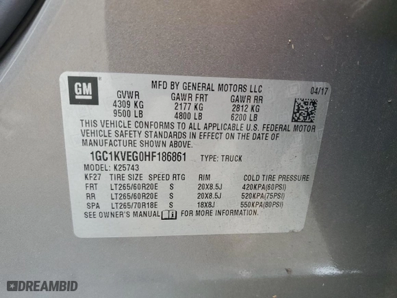 2017 Chevrolet Silverado 2500HD LT with VIN 1GC1KVEG0HF186861, listed as a Copart auction lot 85058434 with NaN miles and Salvage Title. Bid and sale history available at carsss.com. Image 15.