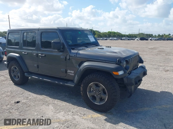 2019 Jeep Wrangler Unlimited Sport S z VIN 1C4HJXDN9KW636592, wystawiony jako IAAI lot #42159099 z przebiegiem 82 580 mil mil oraz . Historia ofert i sprzedaży dostępna na DreamBid. Obrazek 1.