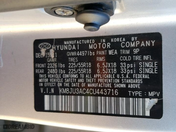 2012 Hyundai Tucson Limited with VIN KM8JU3AC4CU443716, listed as a Copart auction lot 47302015 with 167,437 mi miles and Salvage Title. Bid and sale history available at carsss.com. Image 16.