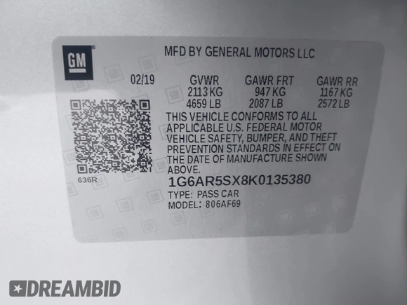 2019 Cadillac CTS Luxury RWD with VIN 1G6AR5SX8K0135380, listed as a IAAI auction lot 41115382 with 65,199 mi miles and . Bid and sale history available at DreamBid. Image 9.