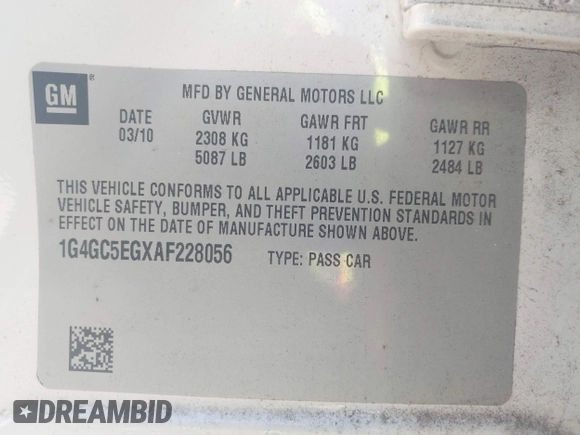 2010 Buick LaCrosse CXL with VIN 1G4GC5EGXAF228056, listed as a IAAI auction lot 42603639 with 125,448 mi miles and . Bid and sale history available at DreamBid. Image 9.