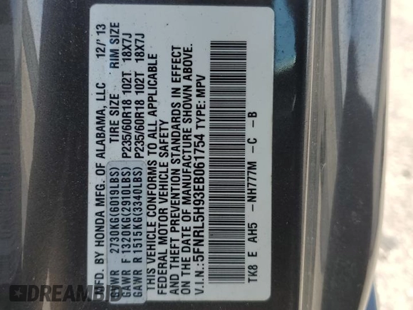2014 Honda Odyssey Touring with VIN 5FNRL5H93EB061754, listed as a Copart auction lot 55182015 with 168,058 mi miles and Salvage title. Bid and sale history available at DreamBid. Image 13.