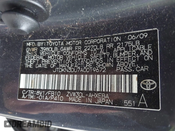 2010 Toyota Prius II with VIN JTDKN3DU7A0019672, listed as a IAAI auction lot 42160115 with 216,368 mi miles. Bid and sale history available at carsss.com. Image 9.