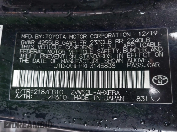2020 Toyota Prius LE with VIN JTDKARFPXL3145838, listed as a IAAI auction lot 41936362 with 255,980 mi miles and . Bid and sale history available at DreamBid. Image 9.