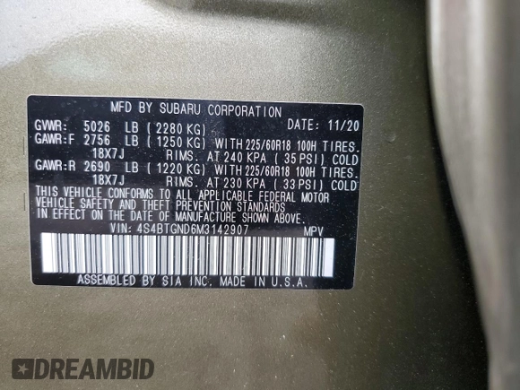 2021 Subaru Outback Limited XT с VIN 4S4BTGND6M3142907, выставлен на аукционе Copart как лот 63033285 с пробегом 22 413 миль миль и Списание • Salvage title. История ставок и продаж доступна на DreamBid. Изображение 12.