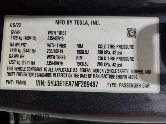 2022 Tesla Model 3 with VIN 5YJ3E1EA7NF289487, listed as a Copart auction lot 55527845 with 151,403 mi miles and Clean Title. Bid and sale history available at DreamBid. Image 12.