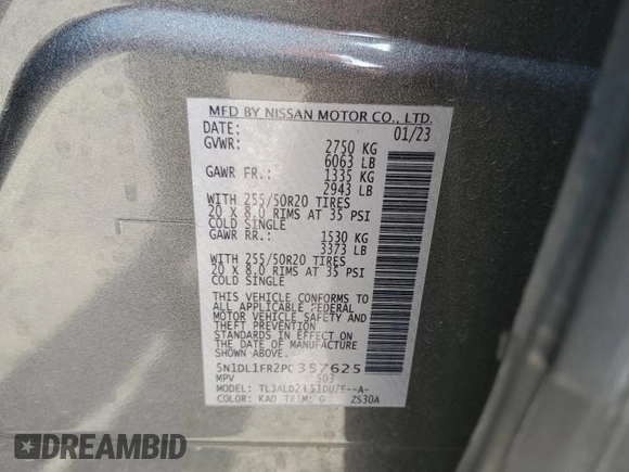 2023 Infiniti QX60 Luxe with VIN 5N1DL1FR2PC357625, listed as a Copart auction lot 61527115 with 50,177 mi miles and Salvage title. Bid and sale history available at DreamBid. Image 13.