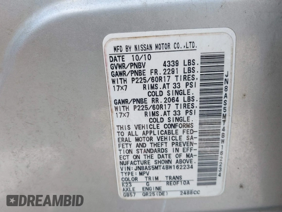 2011 Nissan Rogue SV with VIN JN8AS5MT4BW162234, listed as a IAAI auction lot 41824800 with 278,655 mi miles. Bid and sale history available at carsss.com. Image 9.