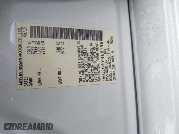 2015 Nissan Altima S with VIN 1N4AL3AP9FC468198, listed as a IAAI auction lot 41511370 with 58,085 mi miles and . Bid and sale history available at DreamBid. Image 9.