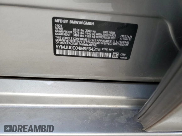 2021 BMW X5 M z VIN 5YMJU0C04M9F64315, wystawiony jako Copart lot #82029464 z przebiegiem Nie podano mil oraz Szkoda całkowita • Salvage title. Historia ofert i sprzedaży dostępna na DreamBid. Obrazek 13.