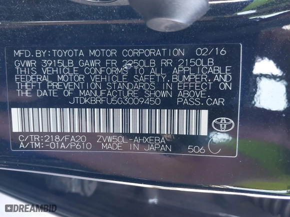 2016 Toyota Prius Two with VIN JTDKBRFU5G3009450, listed as a IAAI auction lot 41945872 with 100,549 mi miles. Bid and sale history available at carsss.com. Image 9.