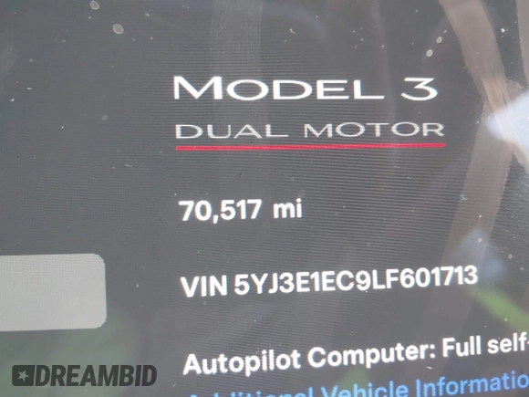 2020 Tesla Model 3 Performance z VIN 5YJ3E1EC9LF601713, wystawiony jako IAAI lot #41888617 z przebiegiem 70 517 mil mil oraz . Historia ofert i sprzedaży dostępna na DreamBid. Obrazek 16.