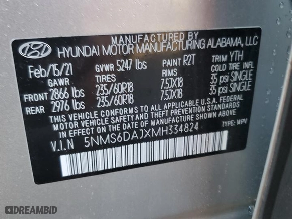 2021 Hyundai Santa Fe SEL with VIN 5NMS6DAJXMH334824, listed as a Copart auction lot 45962085 with 36,962 mi miles and Salvage Title. Bid and sale history available at carsss.com. Image 13.