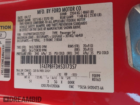 2017 Ford Mustang GT Premium with VIN 1FATP8FF3H5317357, listed as a IAAI auction lot 42130467 with 61,551 mi miles and . Bid and sale history available at DreamBid. Image 9.