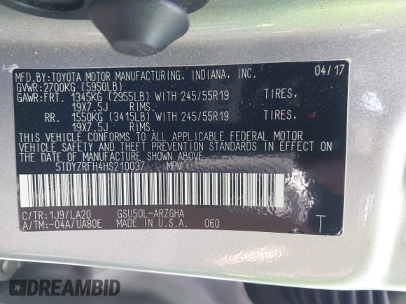 2017 Toyota Highlander Limited with VIN 5TDYZRFH4HS210037, listed as a IAAI auction lot 42666780 with 89,540 mi miles and . Bid and sale history available at DreamBid. Image 9.