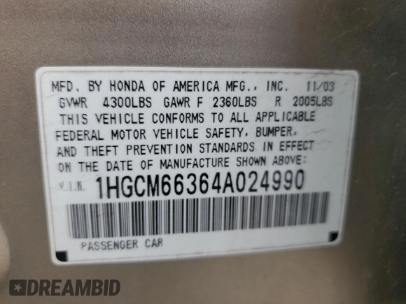 2004 Honda Accord LX z VIN 1HGCM66364A024990, wystawiony jako Copart lot #57101355 z przebiegiem 84 311 mil mil oraz Szkoda całkowita • Salvage title. Historia ofert i sprzedaży dostępna na DreamBid. Obrazek 12.