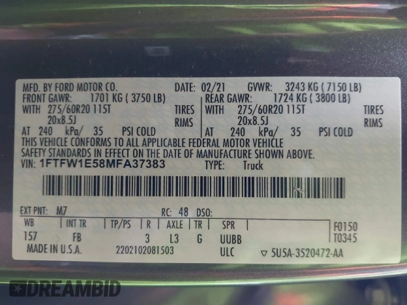 2021 Ford F-150 XL with VIN 1FTFW1E58MFA37383, listed as a IAAI auction lot 42396331 with 149,965 mi miles and . Bid and sale history available at DreamBid. Image 9.