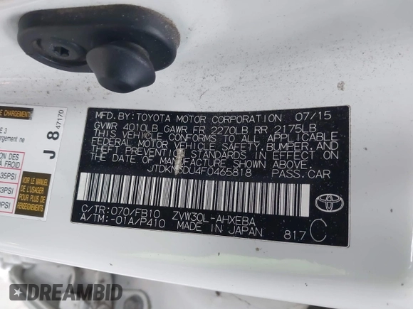 2015 Toyota Prius Four with VIN JTDKN3DU4F0465818, listed as a IAAI auction lot 42098190 with 186,911 mi miles. Bid and sale history available at carsss.com. Image 9.