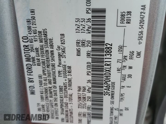 2020 Ford Fusion SE with VIN 3FA6P0HDXLR113882, listed as a Copart auction lot 57677215 with 104,459 mi miles and Salvage title. Bid and sale history available at DreamBid. Image 12.