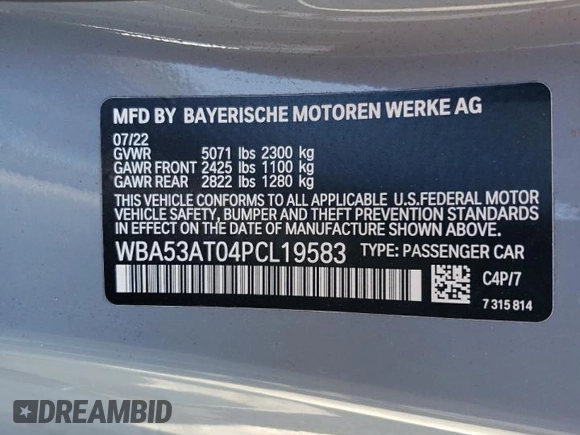 2023 BMW 4 Series M440i with VIN WBA53AT04PCL19583, listed as a Copart auction lot 69123974 with 29,341 mi miles and Salvage Title. Bid and sale history available at DreamBid. Image 14.