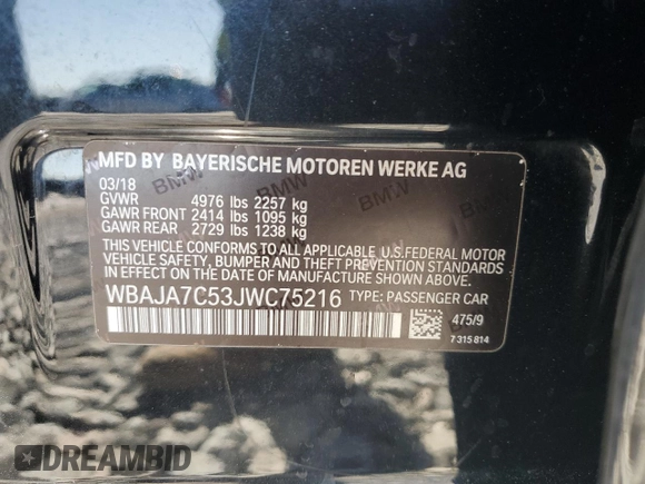 2018 BMW 5 Series 530i xDrive with VIN WBAJA7C53JWC75216, listed as a Copart auction lot 48634565 with 81,847 mi miles and Clean Title. Bid and sale history available at DreamBid. Image 12.