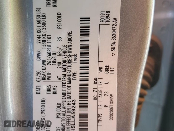 2020 Ford Ranger XL with VIN 1FTER4EH5LLA59243, listed as a Copart auction lot 59307795 with 66,853 mi miles and Salvage title. Bid and sale history available at DreamBid. Image 13.