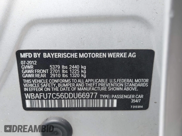 2013 BMW 5 Series 535i xDrive with VIN WBAFU7C56DDU66977, listed as a IAAI auction lot 41785161 with 88,919 mi miles and . Bid and sale history available at carsss.com. Image 9.