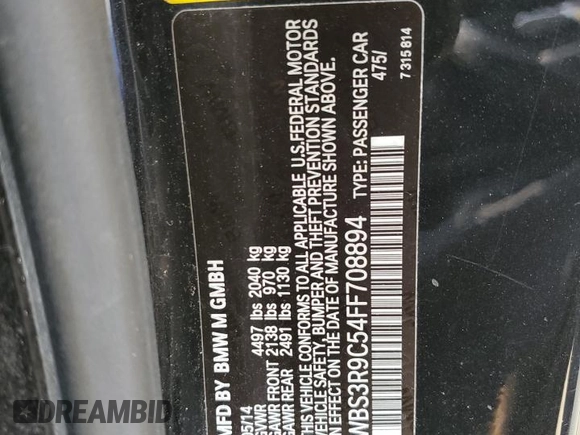 2015 BMW M4 with VIN WBS3R9C54FF708894, listed as a Copart auction lot 66122274 with 75,693 mi miles and Salvage Title. Bid and sale history available at carsss.com. Image 12.